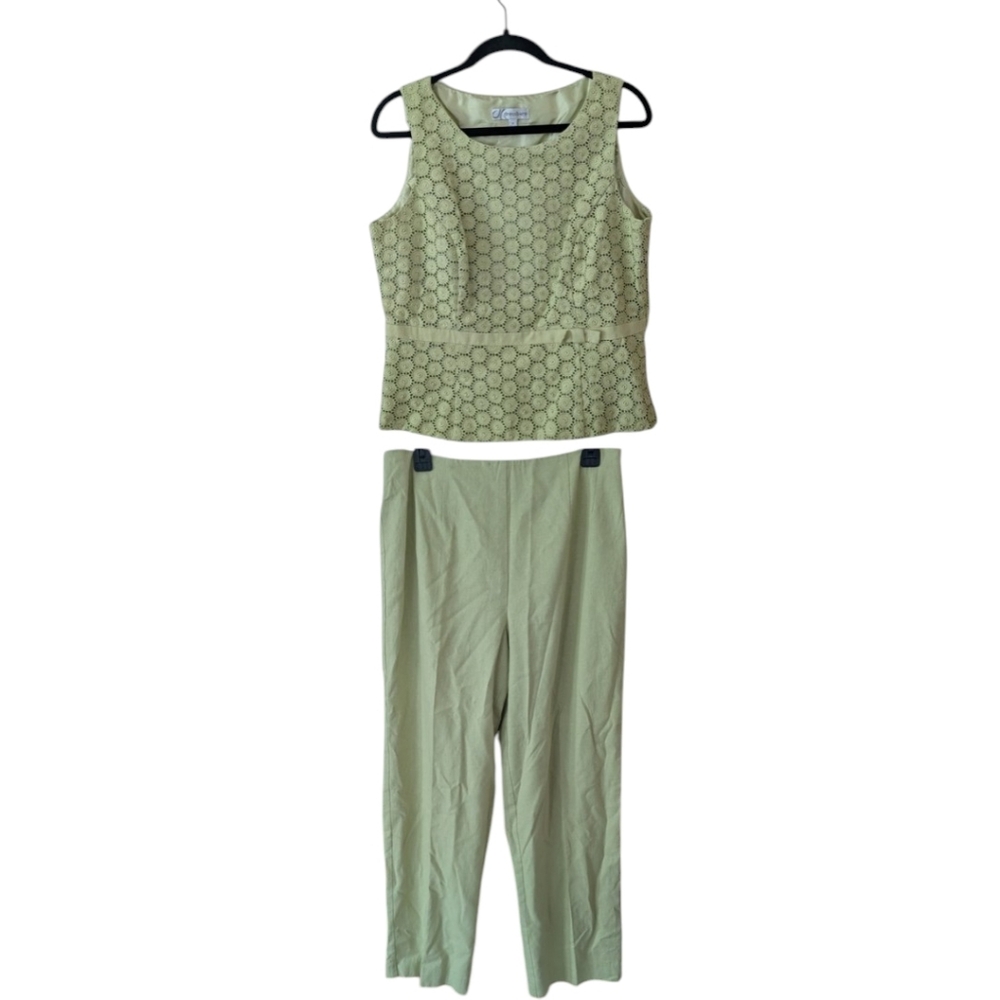Vintage Y2K Dressbarn Light Green Eyelet Linen Blend Two Piece Set‎ Size 12